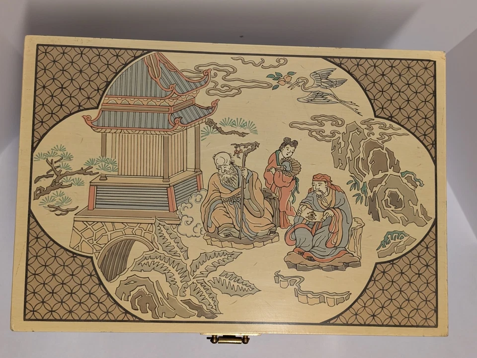 Chinoiserie Drexel Heritage Hollywood Regency pintada a mano en crema cofre lacado Foto 3 de 4