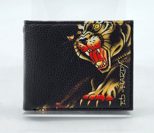 Ed Hardy Screaming Tiger Panther Graphic Leather Bifold Wallet Black 4" x 3.5"