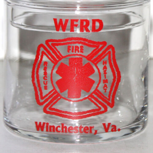Bote de vidrio vintage Winchester VA Departamento de Bomberos WFRD tarro rojo transparente caramelo - Imagen 2 de 6