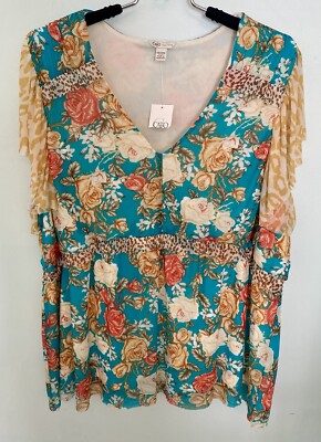 NWT CATO Womens Size 18/20W Boho Teal Floral Semi Sheer Lined Flutter Sleeve Top