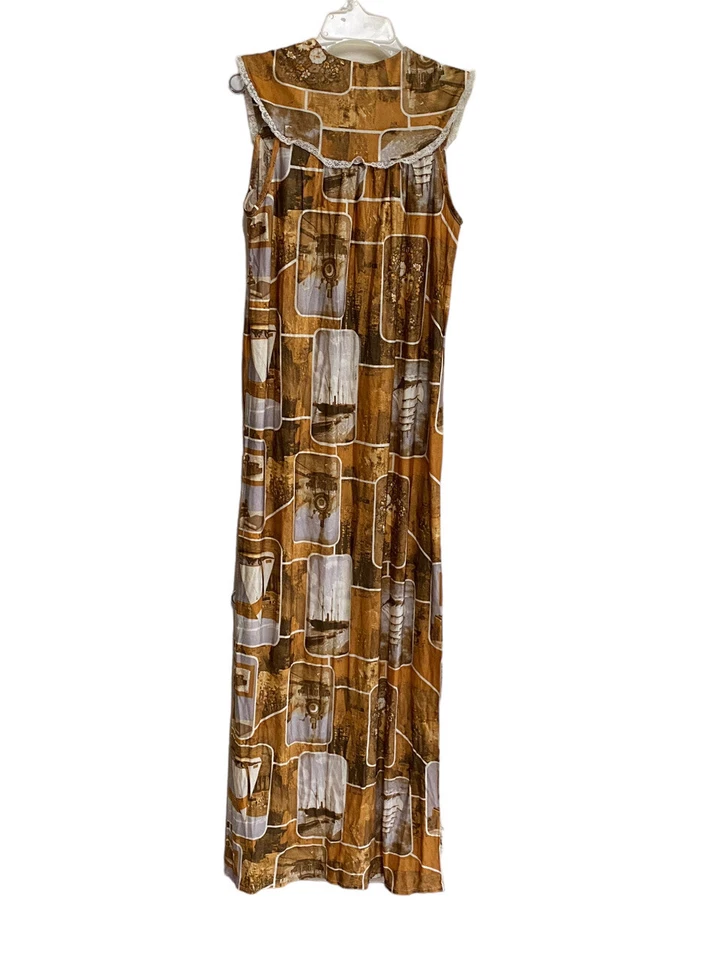 Vintage 70’s Nightgown Size Small MCM Brown Print The Brady Bunch Hippie - Image 4 of 4