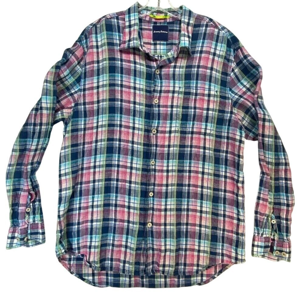 Tommy Bahama Linen Shirt Plaid Button Up Long Sleeve Casual XL