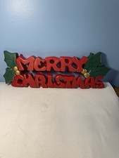 Molded Hanging Plastic Merry Christmas Sign Holly 14" x 5". Vintage