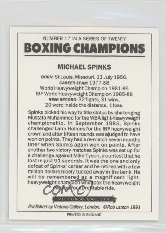 1991 Victoria Gallery Boxing Champions Heavyweights Black Back Michael Spinks - Image 2 of 2