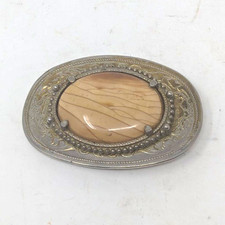 Vintage Ornate Silver Tone Belt Buckle Oval Tan Stone Southwestern Western Style