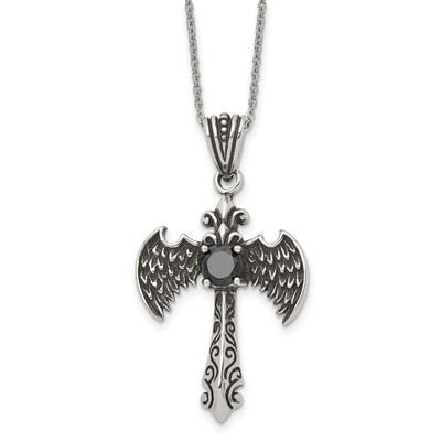 Gothic Silver Cross Pendant with Feathered Wings Black Gemstone Scrollwork Chain