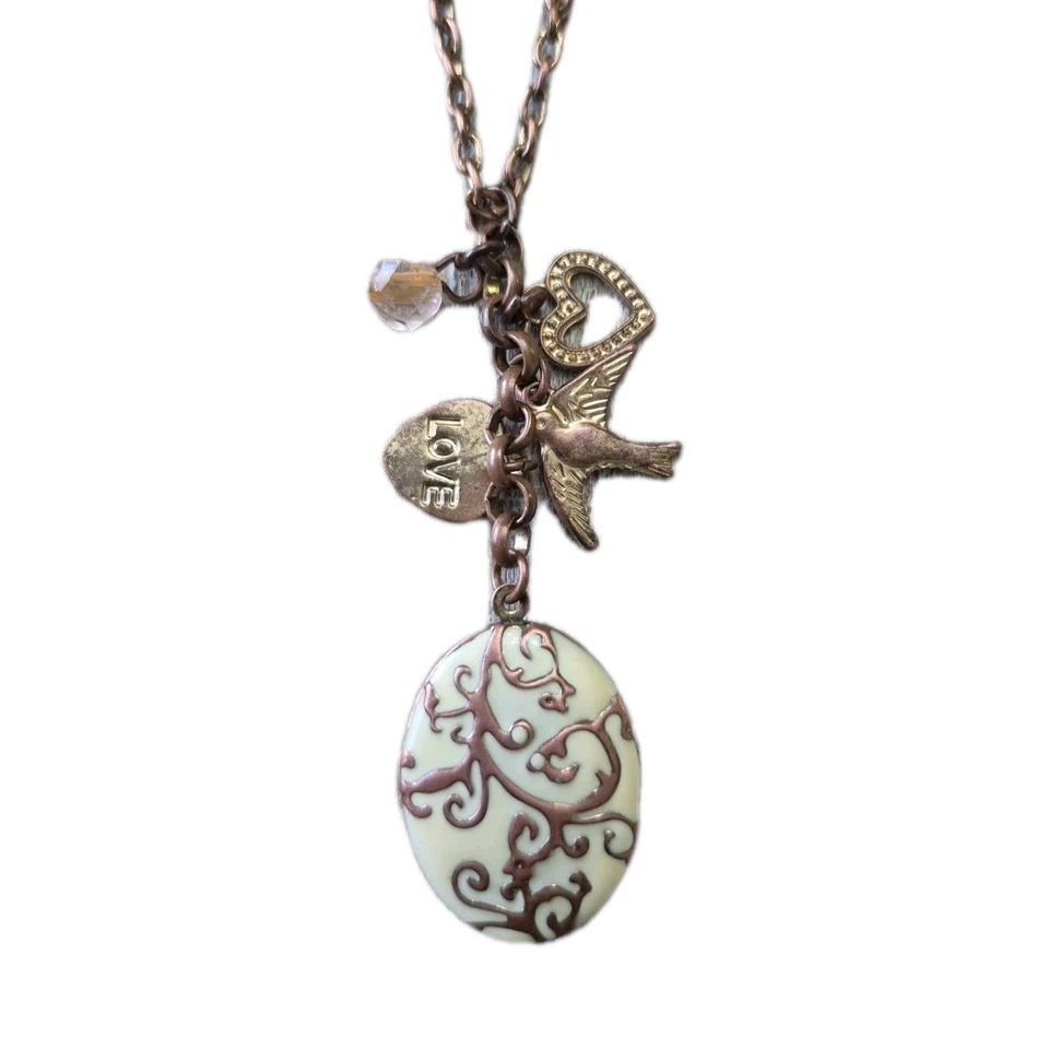 De Colección Marfil Esmalte Medallón Corazón Pájaro Amor Dije Collar Estilo Victoriano Retro 22" Foto 2 de 4