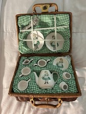 Vintage Delton Children's Porcelain Irish Tea Set in Wicker Basket