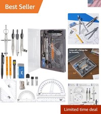 Professional Geometry Set - 15 Pieces, Includes Swing Arm Protractor & Ruler