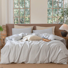 Blue Striped Duvet Cover Set Full 100 Washed Cotton Linen-Like Texture, Soft