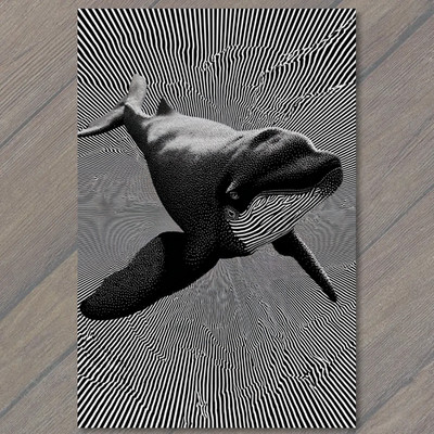 POSTCARD Optical Illusion Whale Black White Line Pattern Surreal Motion