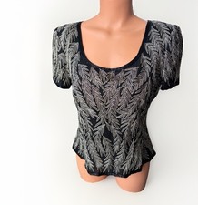 Papell Boutique Evening VTG Silk Beaded Top Black Silver Leaf Size M Art Deco