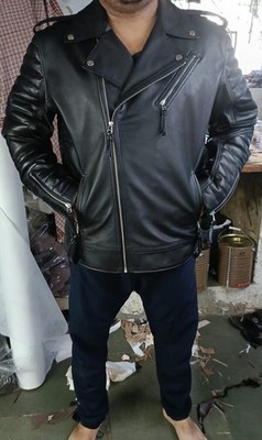 BOMBER BIKER Men's Black Leather Jacket 100% Real Lambskin Moto Race BikerJacket