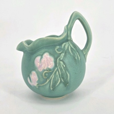 Vintage Weller Bouquet F-20 Turquoise Ball Pitcher Pink Floral Art Pottery 1930s