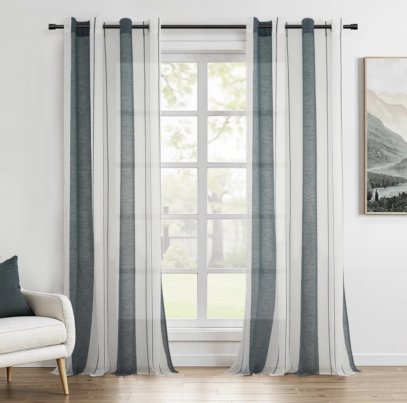 Rideau voilage vert 140x225 cm rayé translucide pas cher pour fenêtres salon et chambre