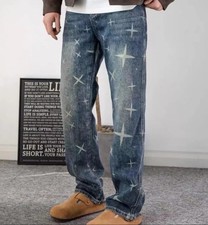 Men's Denim Blue Jeans Printed Retro Casual Pants Punk Hip Hop Trousers Straight