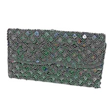 Vintage Mid Century Black Satin Beads Sequins Envelop Clutch Purse Hong Kong