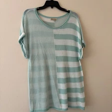 Democracy Mint + White Stripe Mesh Knit Top L | Oversized Beach Layering Piece