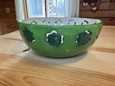 Vintage Green Glass Shamrock Serving Bowl Decorative Cutouts In Sides