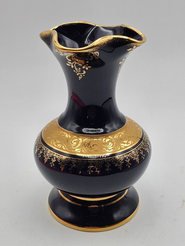 Vintage Limoges 6in Ruffle Vase Cobalt Blue Castel 22k Gold Porcelain
