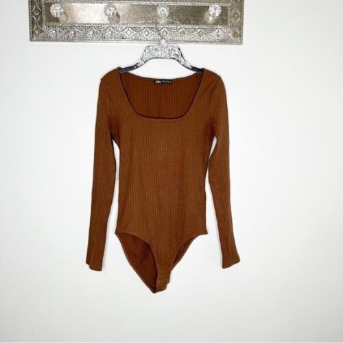 Zara Brown Ribbed Square Neck Long Sleeve Ribbed Bodysuit Size Medium