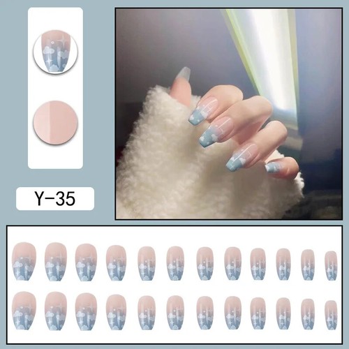 24 Pcs Fake Nails Press on Reusable Designs Set French Artificial Aurora Diamond - Picture 21 of 85