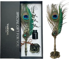 VANGOAL Peacock Feather Pen and Ink Set with Gift Box, Vintage Quill Pen for Wri