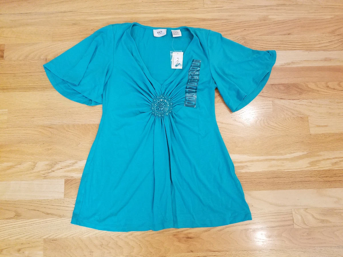 New ECI Womens Tunic Blouse Dressy Top Empire Waist Flutter Sleeve Teal S 4 6