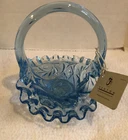 Vintage Fenton Art Glass Blue Miniature 4 inch Basket Aztec Pattern With Tag