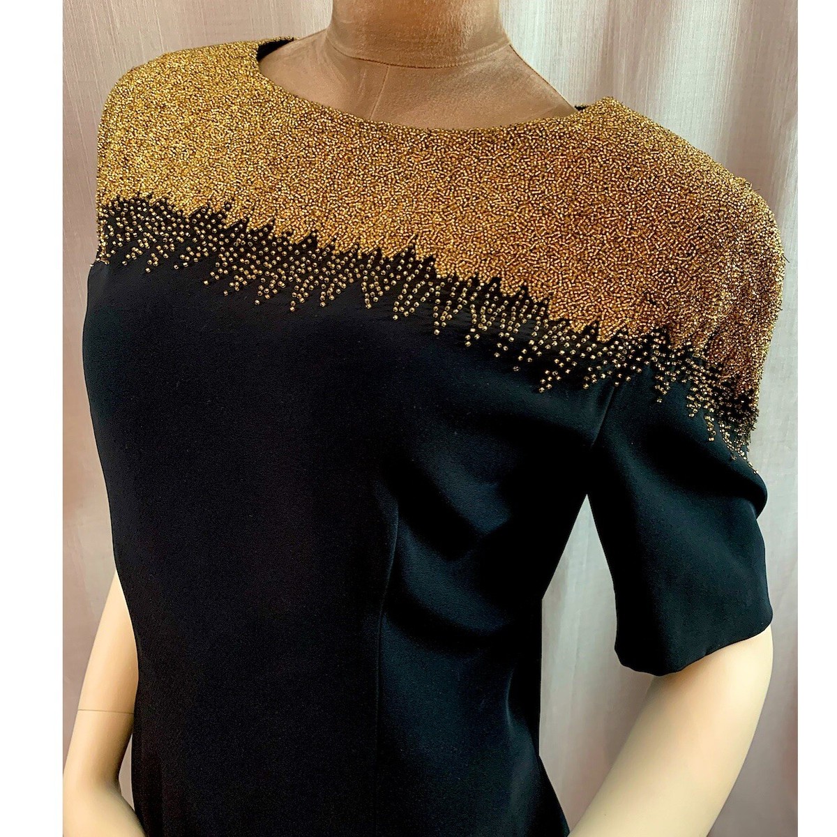 oleg cassini gold dress VINTAGE GLAMOROUS OLEG CASSINI BLACK TIE SILK NAVY SEQUIN GOLD BEADED –  Vintage Clothing & Fashions