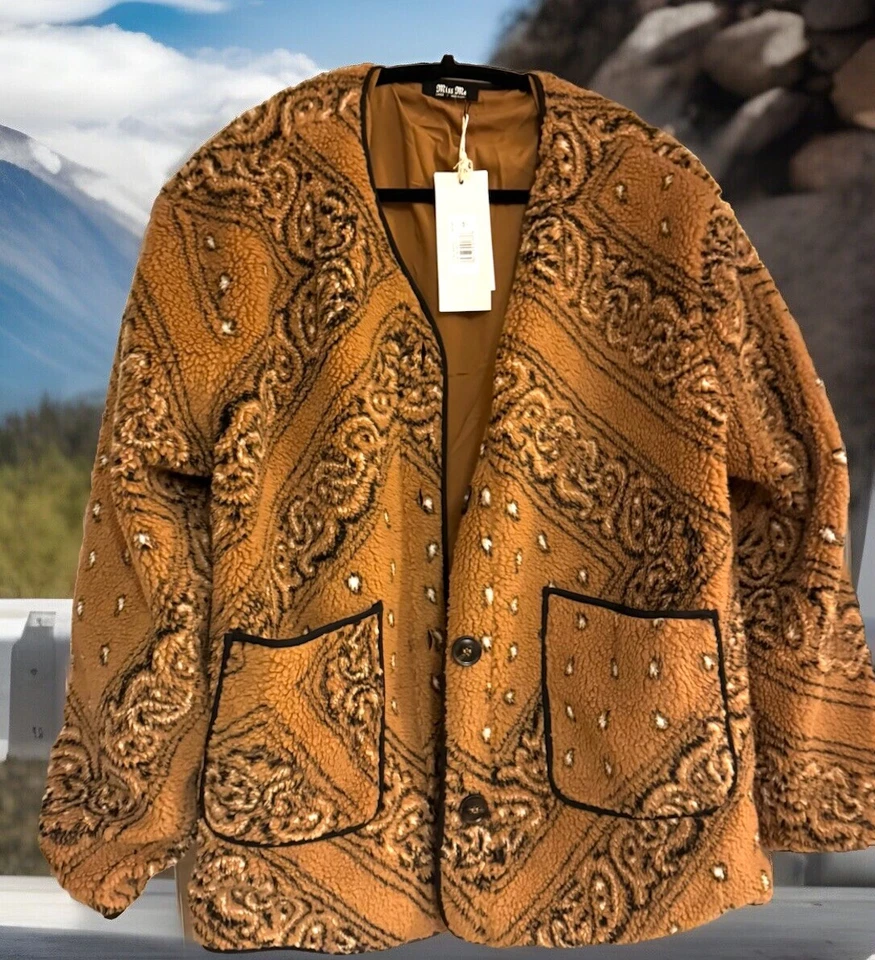 MISS ME Women's NWT Fleece Tan&Black Paisley Country Western Soft Jacket Sz Lg - Image 3 of 4