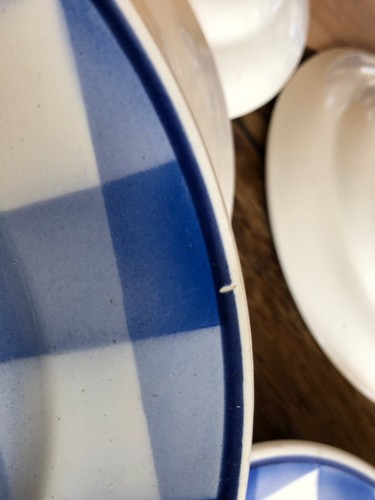 6 assiettes plates en faïence décor Vichy bleu, Faïencerie Nouvelle Givors - Picture 13 of 18