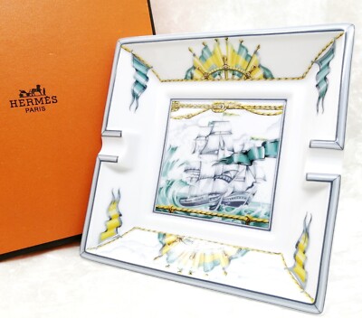 Hermes Paris Ashtray Sailing Ships Patchwork Porcelain Tray Plate