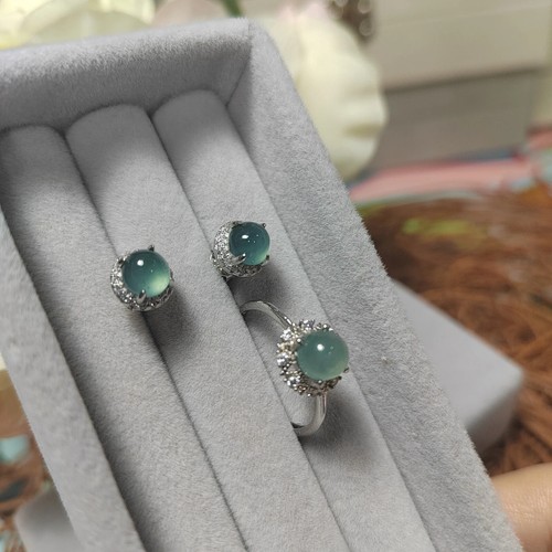 Round Ocean Blue 2pcs Set Light Bump Natural Earring & Ring Jadeite SL075 - Picture 2 of 8