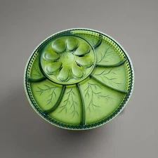 Green Indiana Heavy Glass Deviled Egg Relish Serving Platter Salad Vintage 12.5"