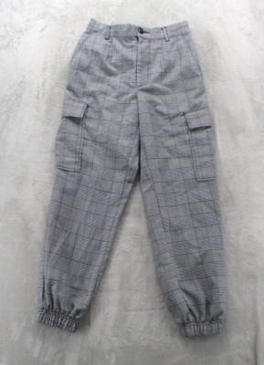 Forever 21  Cargo Pants Women's Small Gray Black Plaid Elastic Cuff Mid-Rise