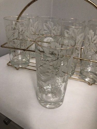Vintage Libby 8 vasos hojas blancas y doradas con portador - Imagen 4 de 4