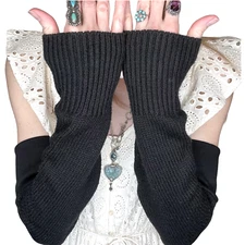 Warm Sweater Knit Arm Warmers Black Handmade Socks Fingerless Gloves Ribbed Long