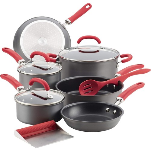 NEW Rachael Ray 11pc Hard in Anodized NS Cookware Set in Gray/Red