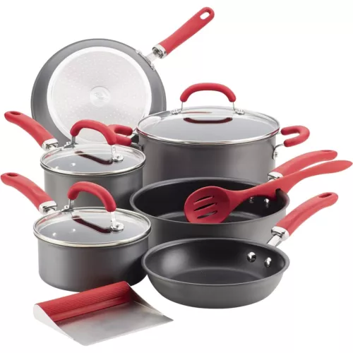 NEW Rachael Ray 11pc Hard in Anodized NS Cookware Set in Gray/Red