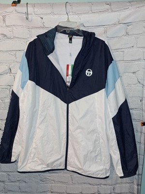 NWT Sergio Tacchini Hooded Windbreaker Jacket XXL Navy White Full Zip Retro
