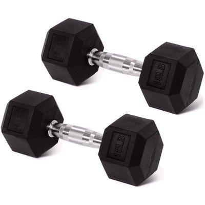 FlexWave Rubber Encased Hex Dumbbells, 15 lbs Pair, Black