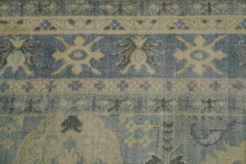 Handmade Light Blue Geometric Oushak Area Rug 6x8 Ft Transitional Silk Carpet - Picture 6 of 13