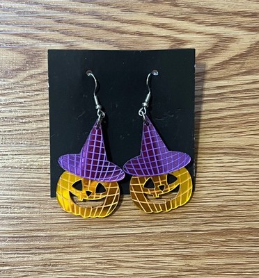 Halloween Pumpkin Jack o Lantern Witch Hat Dangle Earrings Costume Jewelry
