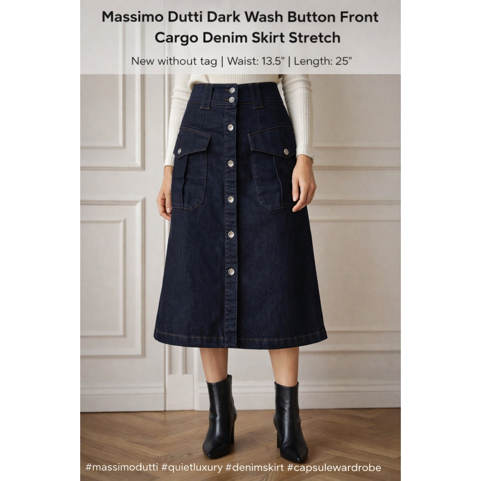 Massimo Dutti Women’s Dark Wash Button Front Cargo Denim Skirt Stretch 4