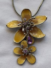 Vintage Yellow Enamel Floral Statement Necklace Purple Rhinestones Silver Tone