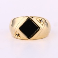 Gold Plated 925 Sterling Silver Black Onyx Ring Square With Black Diamond Accent