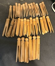 Vintage Handmade Midwestern Wooden Clothes Pins Round Head Flat Top Lot Of 32