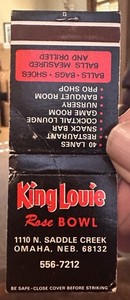 Omaha Nebraska Matchbook KING LOUIE ROSE BOWL 1110 North Saddle Creek
