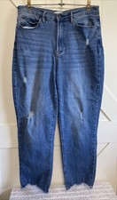 Nicole Miller Nomad Distressed Blue Jeans Super High Rise Straight Raw Hem Sz 12